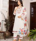 White floral sequence embroidery kurta set with chanderi dupatta for women