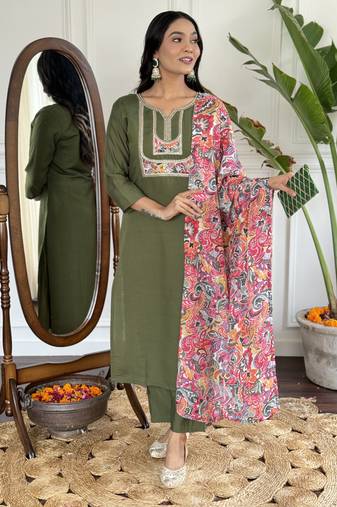Mehendi green floral sequence embroidery viscos chanderi silk kurta set with printed  crepe dupatta for women