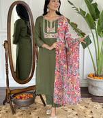 Mehendi green floral sequence embroidery viscos chanderi silk kurta set with printed  crepe dupatta for women