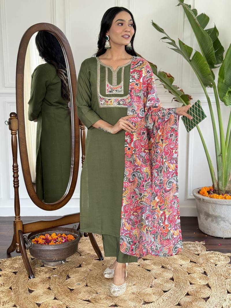 Mehendi green floral sequence embroidery viscos chanderi silk kurta set with printed  crepe dupatta for women