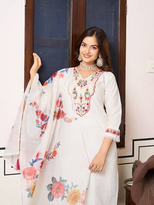 White floral sequence embroidery kurta set with chanderi dupatta for women 4