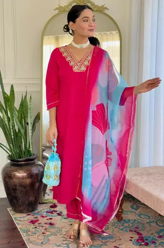 Pink embroidery rayon stylish kurta set with printed organza dupatta for women