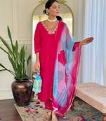 Pink embroidery rayon stylish kurta set with printed organza dupatta for women