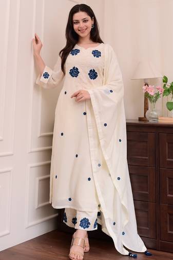 Cream resham floral embroidery rayon kurta set with chanderi dupatta for women