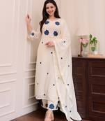Cream resham floral embroidery rayon kurta set with chanderi dupatta for women