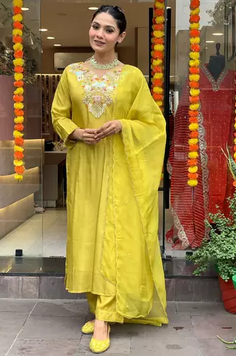 Lime sequence embroidery chanderi designer kurta set with organza dupatta for women