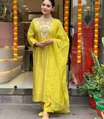 Lime sequence embroidery chanderi designer kurta set with organza dupatta for women