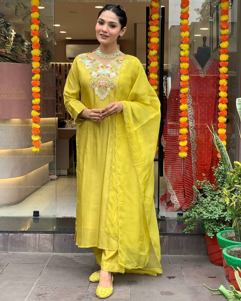 Lime sequence embroidery chanderi designer kurta set with organza dupatta for women