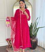 Pink floral embroidery muslin silk aaliya cut kurta set with organza dupatta for women