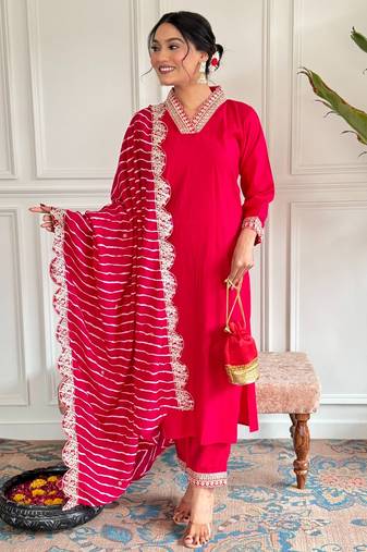 Red embroidery chanderi kurta set with muslin printed dupatta for women