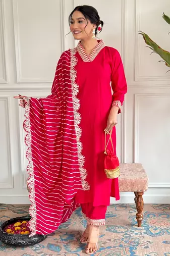 Red embroidery chanderi kurta set with muslin printed dupatta for women