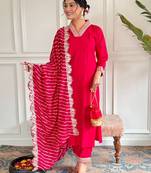 Red embroidery chanderi kurta set with muslin printed dupatta for women