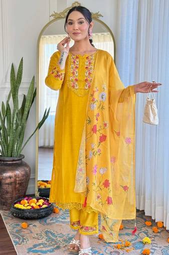 Yellow floral embroidery gadhwal silk kurta set with printed organza silk for women