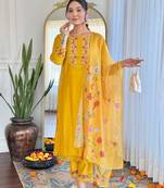 Yellow floral embroidery gadhwal silk kurta set with printed organza silk for women