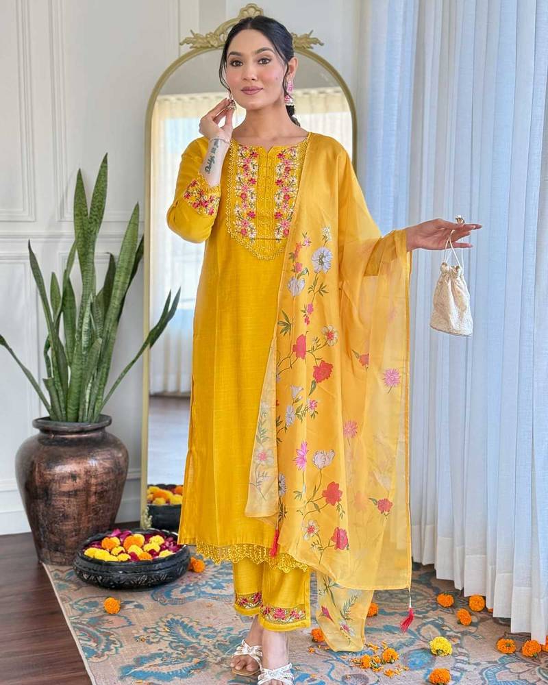 Yellow floral embroidery gadhwal silk kurta set with printed organza silk for women