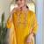 Yellow floral embroidery gadhwal silk kurta set with printed organza silk for women