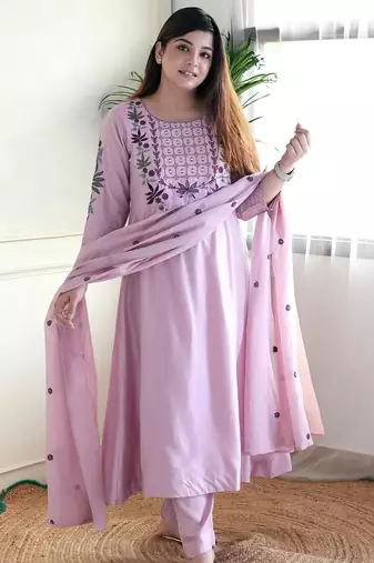 Lavender sequence embroidery chanderi silk kurta set with dupatta for women