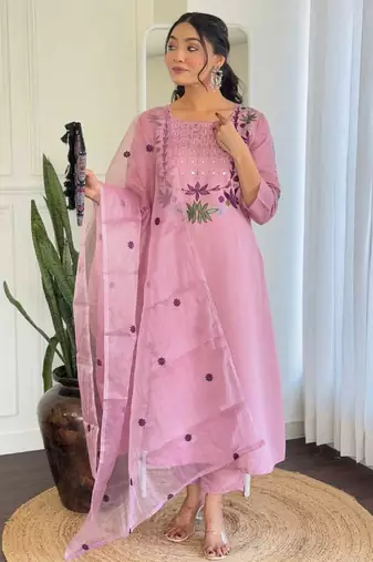 Lavender sequence embroidery chanderi silk kurta set with dupatta for women