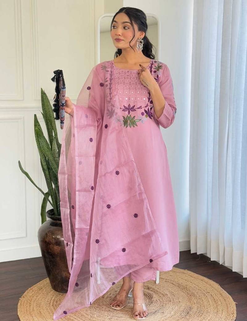 Lavender sequence embroidery chanderi silk kurta set with dupatta for women