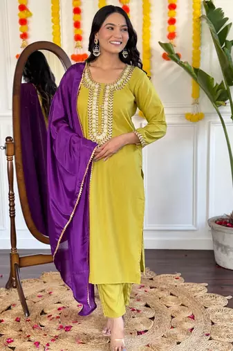 Yellow floral embroidery rayon kurta set with chinon dupatta for women