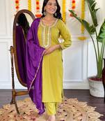 Yellow floral embroidery rayon kurta set with chinon dupatta for women
