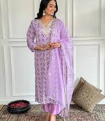 Lavender floral sequence embroidery crepe silk printed kurta set with organza dupatta for women