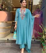 Blue mirror embroidery chanderi silk kurta set with embroidery organza dupatta for women