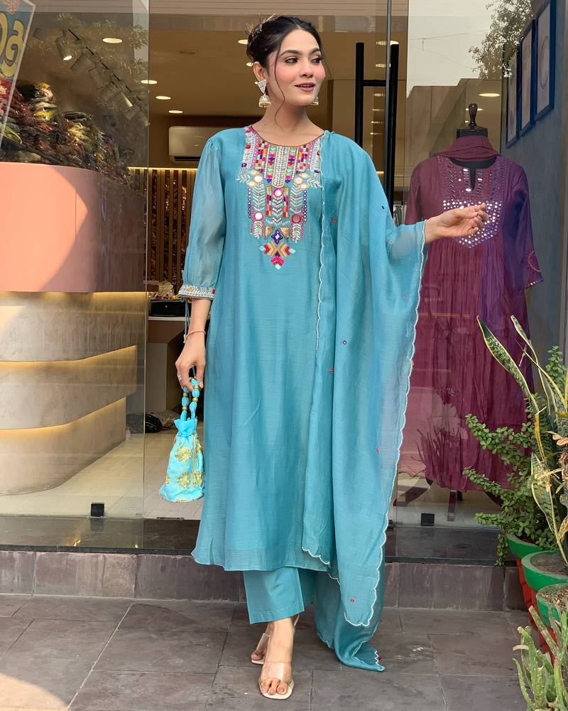Blue mirror embroidery chanderi silk kurta set with embroidery organza dupatta for women
