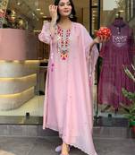 Peach mirror embroidery chanderi silk kurta set with embroidery organza dupatta for women
