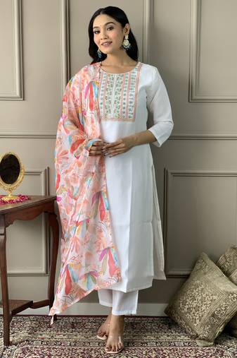 White sequence embroidery viscos silk kurta set with printed organza dupatta for women