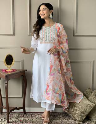White sequence embroidery viscos silk kurta set with printed organza dupatta for women 2
