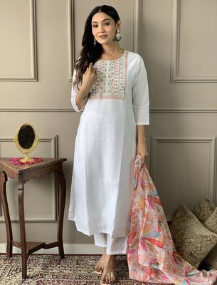 White sequence embroidery viscos silk kurta set with printed organza dupatta for women 3