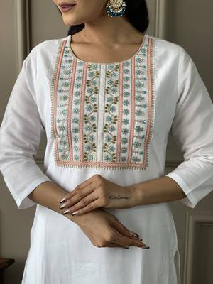White sequence embroidery viscos silk kurta set with printed organza dupatta for women 4