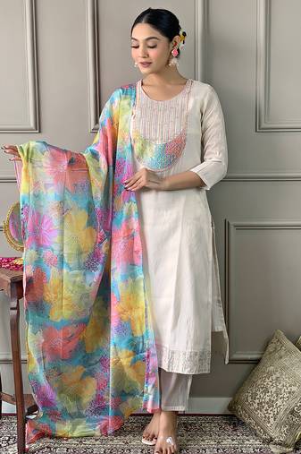 Cream floral sequence embroidery viscos shimmer silk kurta set with printed chinon dupatta for women