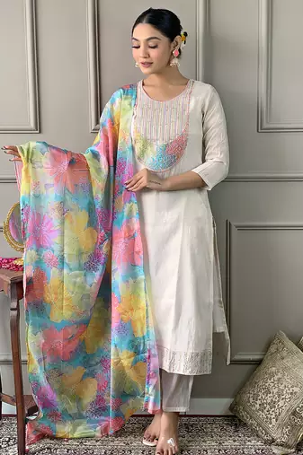 Cream floral sequence embroidery viscos shimmer silk kurta set with printed chinon dupatta for women