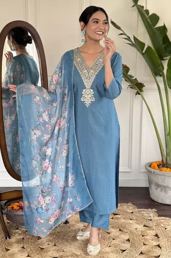 Petrol blue floral embroidery viscos rayon kurta set with printed organza dupatta for women