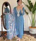 Petrol blue floral embroidery viscos rayon kurta set with printed organza dupatta for women