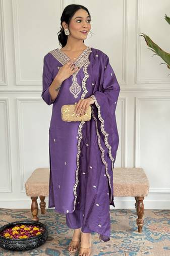 Lavender sequence embroidery viscos chanderi silk kurta set with embroidery organza dupatta for women