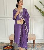 Lavender sequence embroidery viscos chanderi silk kurta set with embroidery organza dupatta for women