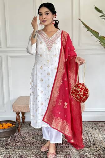 White floral jacquard embroidery silk kurta set with jacquard bandhani dupatta for women