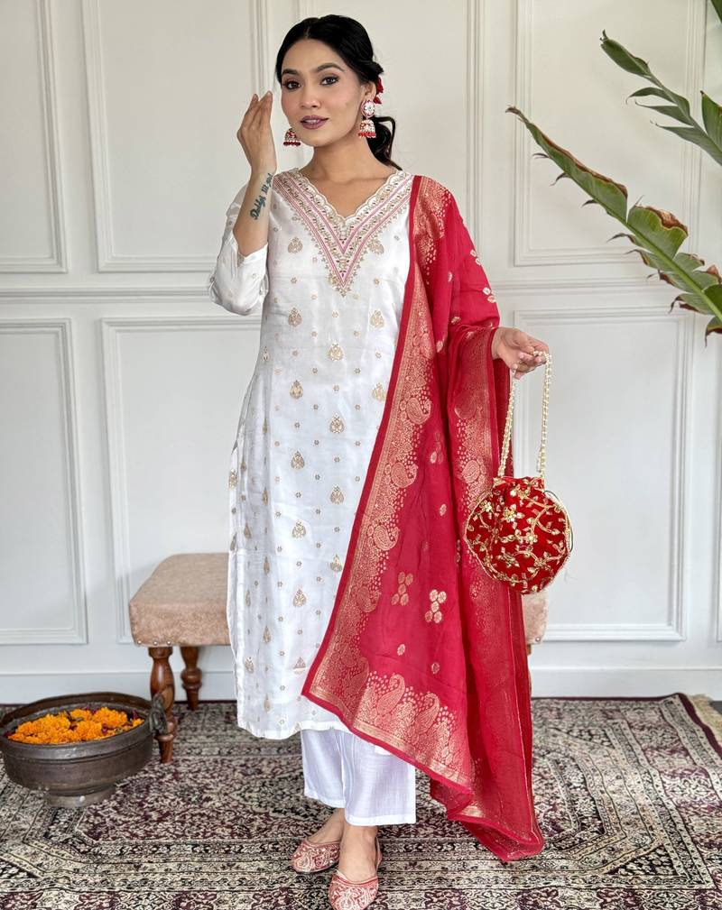 White floral jacquard embroidery silk kurta set with jacquard bandhani dupatta for women