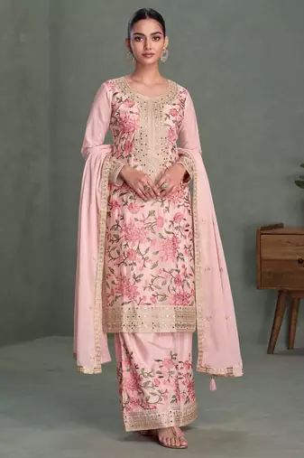 Baby pink multi thread & sequence embroidery work chinon free size stitched salwar suit