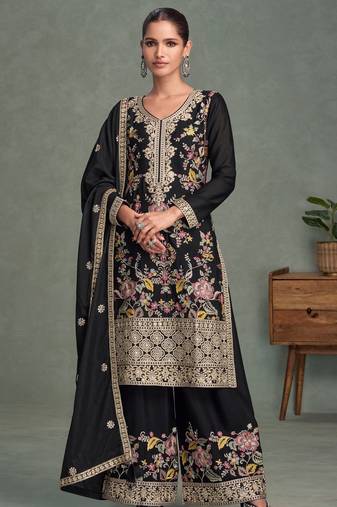 Black multi thread & sequence embroidery work chinon free size stitched salwar suit