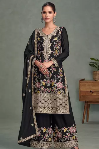 Black multi thread & sequence embroidery work chinon free size stitched salwar suit