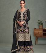 Black multi thread & sequence embroidery work chinon free size stitched salwar suit