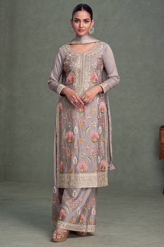Lavender multi thread & sequence embroidery work chinon free size stitched salwar suit