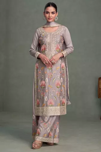 Lavender multi thread & sequence embroidery work chinon free size stitched salwar suit