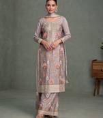 Lavender multi thread & sequence embroidery work chinon free size stitched salwar suit