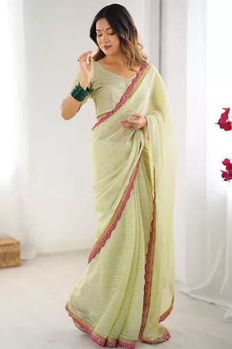 pista green lace sequins embroidery chiffon saree with blouse