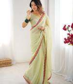 pista green lace sequins embroidery chiffon saree with blouse